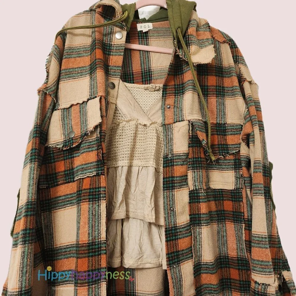 New POL Shacket Jacket Oversized Plaid Hoodie Beige Orange Green NWT - Picture 2 of 8